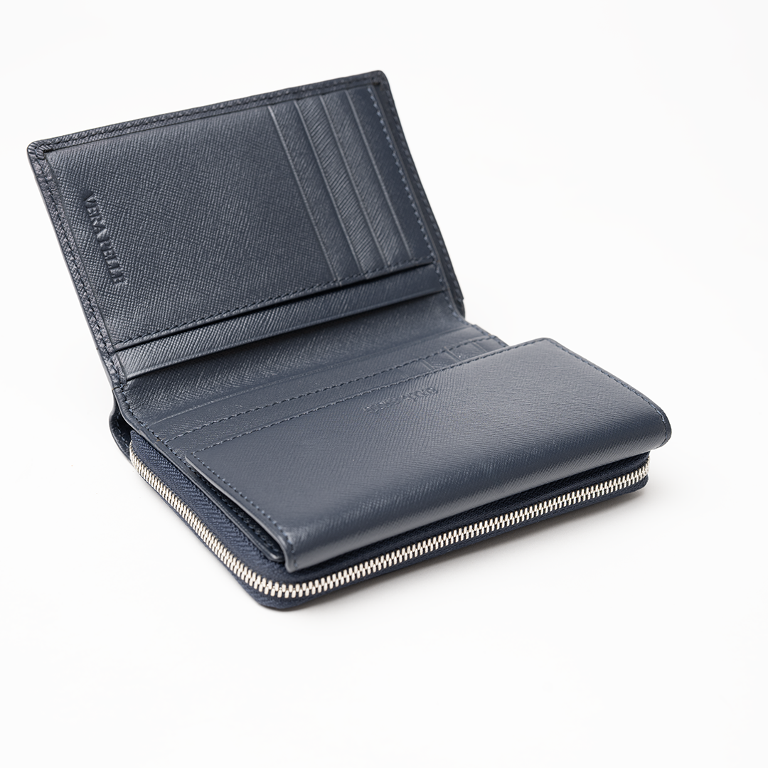 Portafoglio in pelle saffiano colore blu navy artigianale donna protezione RFID Aut Aut Studio – vista interna