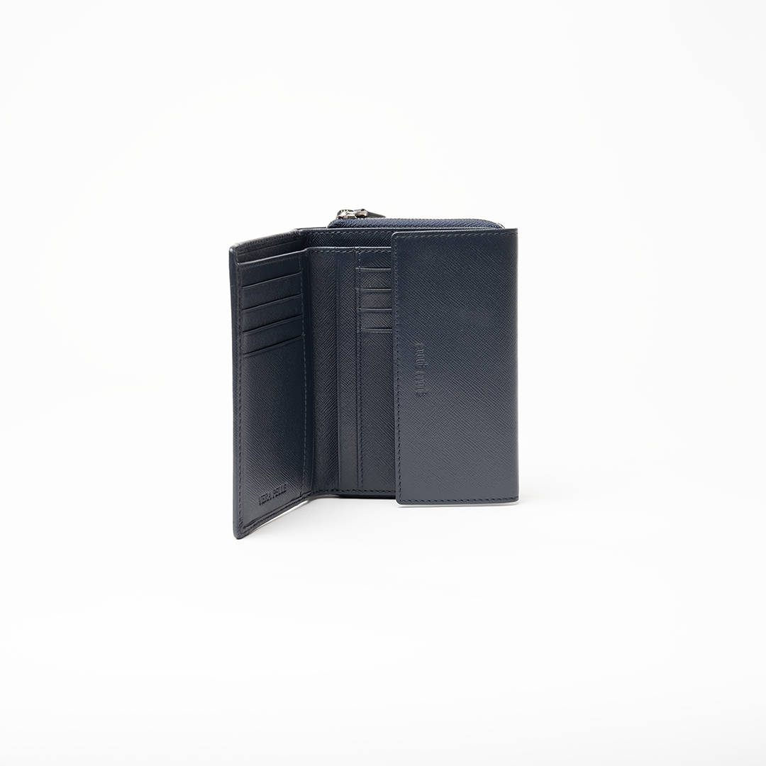 Portafoglio in pelle saffiano colore blu navy artigianale donna protezione RFID Aut Aut Studio – vista interna