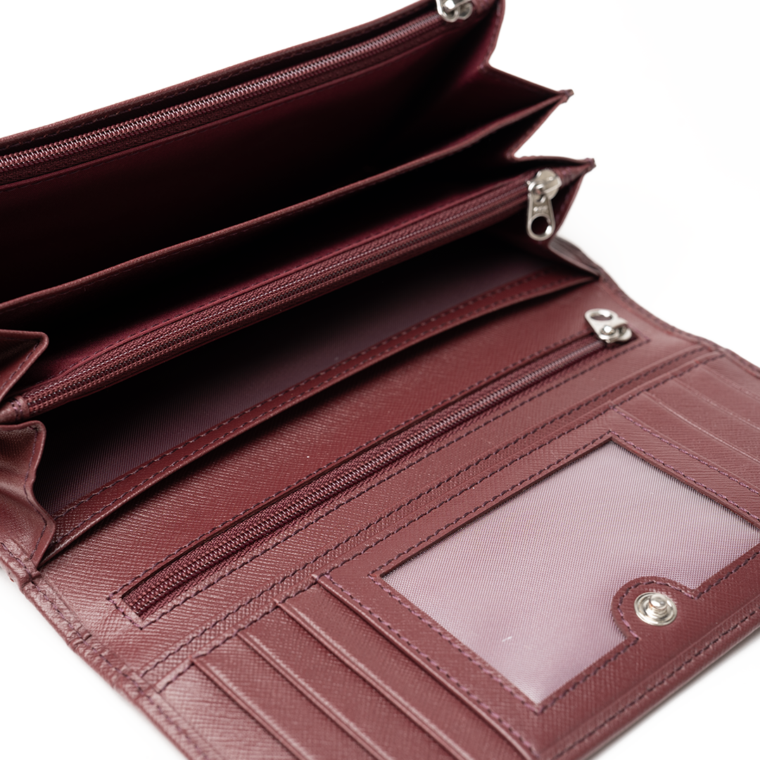 Portafoglio in pelle saffiano colore bordò artigianale donna protezione RFID Aut Aut Studio – vista interna