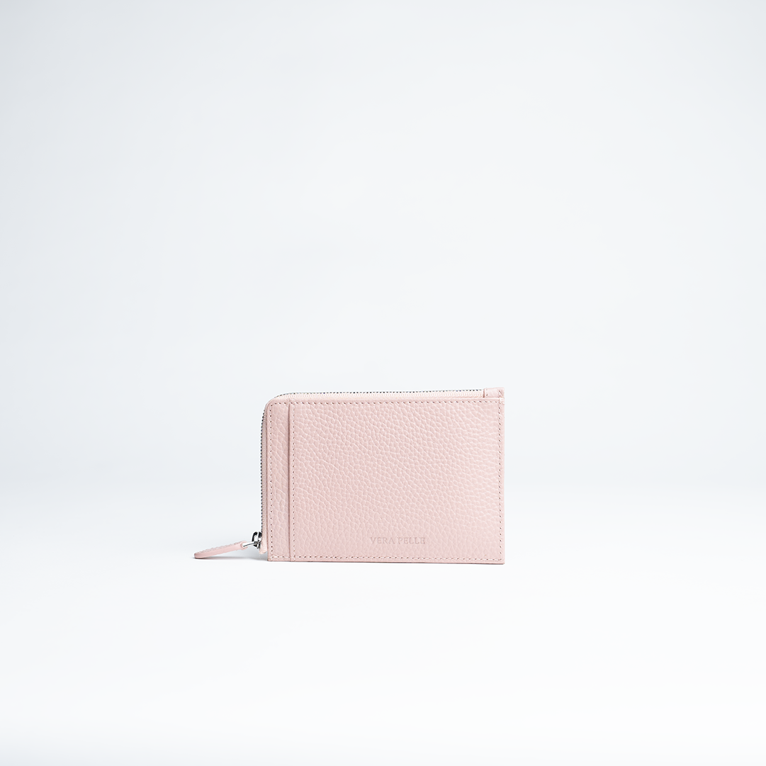 Porta carte in pelle martellata colore cipria artigianale Aut Aut Studio – vista frontale