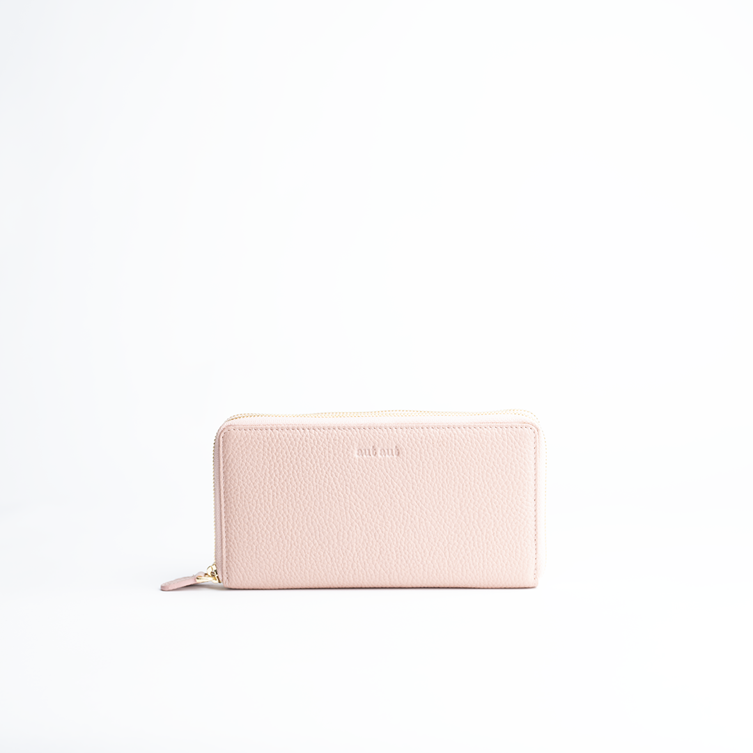 Portafoglio maxi 2-zip around in pelle martellata colore rosa cipria artigianale Aut Aut Studio – vista frontale