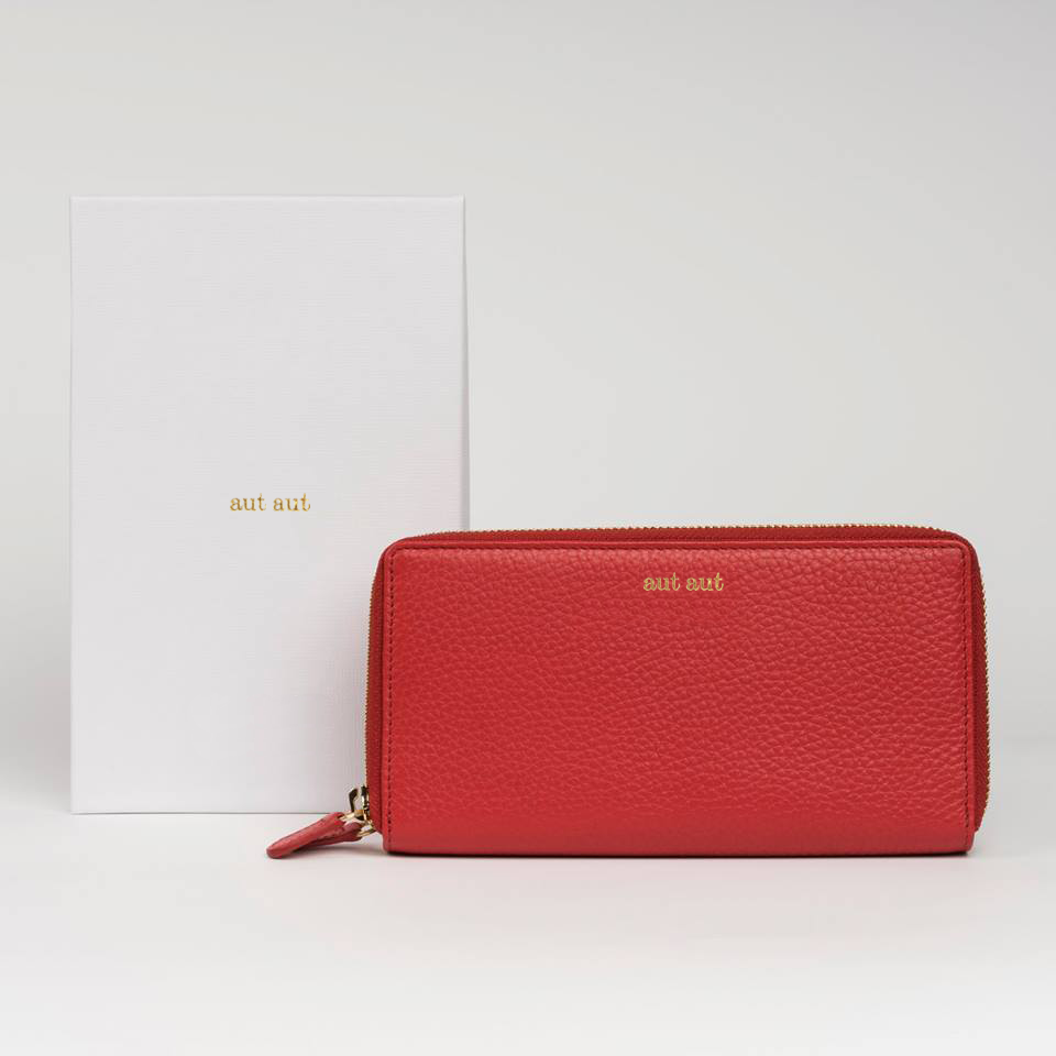 Portafoglio maxi 2-zip around in pelle martellata rosso logo dorato MILANO #383 - AUT AUT