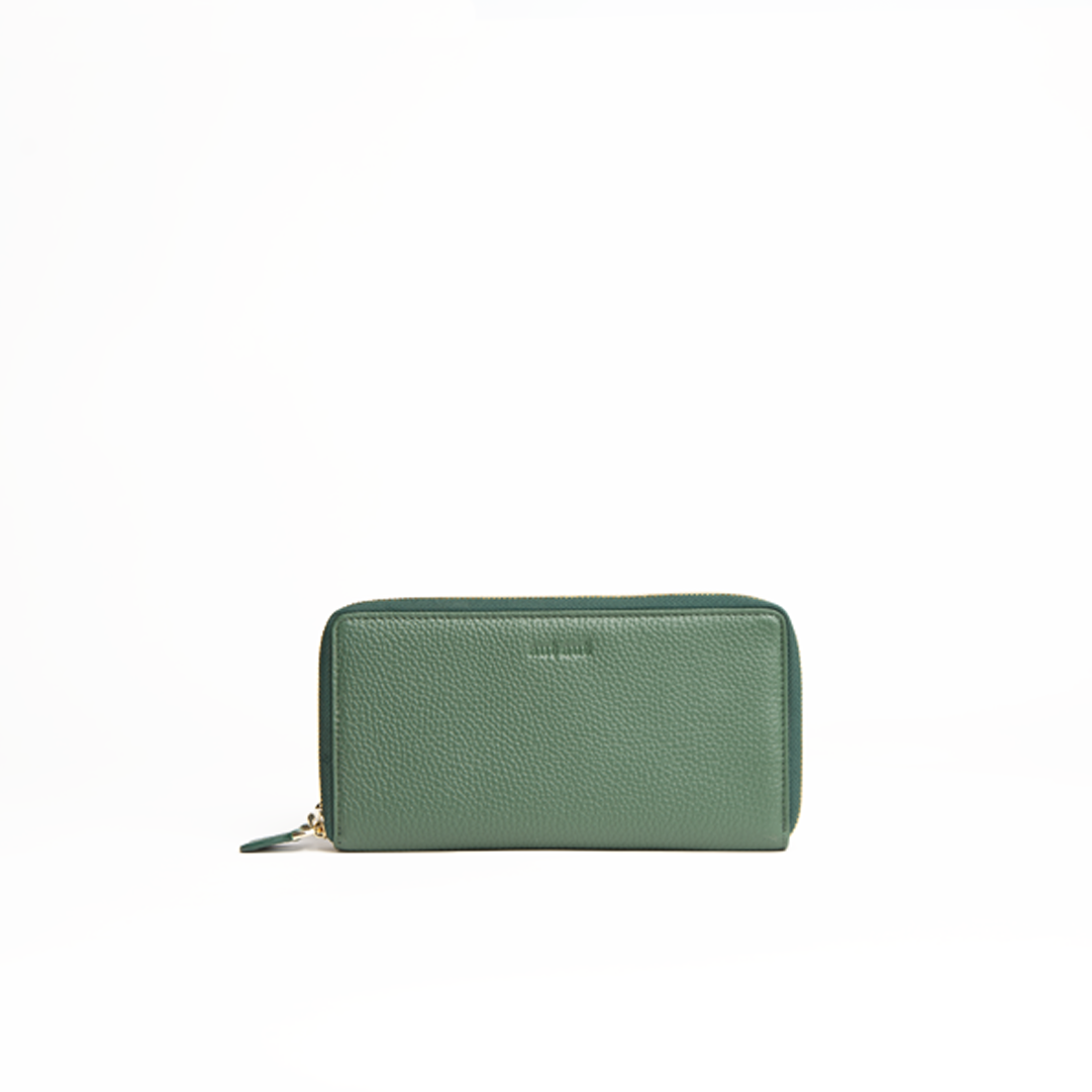 Portafoglio maxi 2-zip around in pelle martellata colore verde bosco artigianale Aut Aut Studio – vista frontale