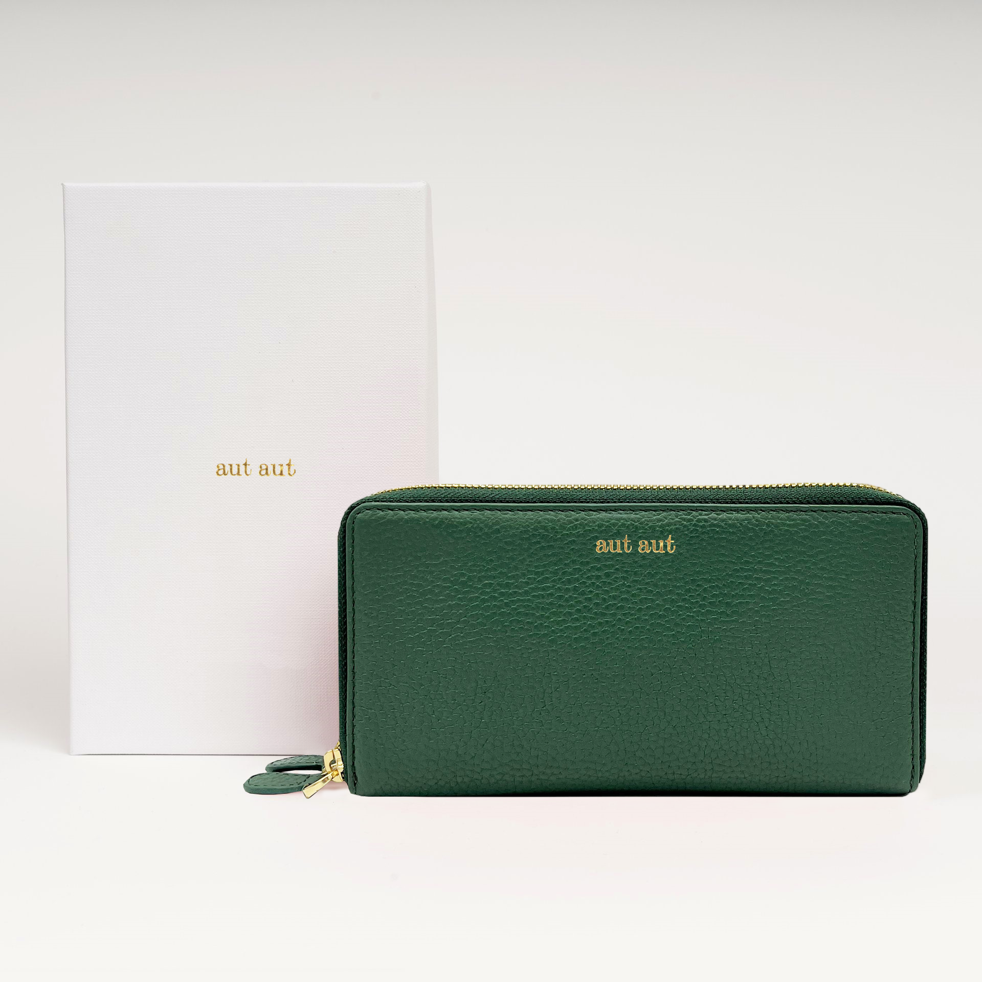 Portafoglio maxi 2-zip around in pelle martellata verde bosco logo dorato MILANO #383 - AUT AUT