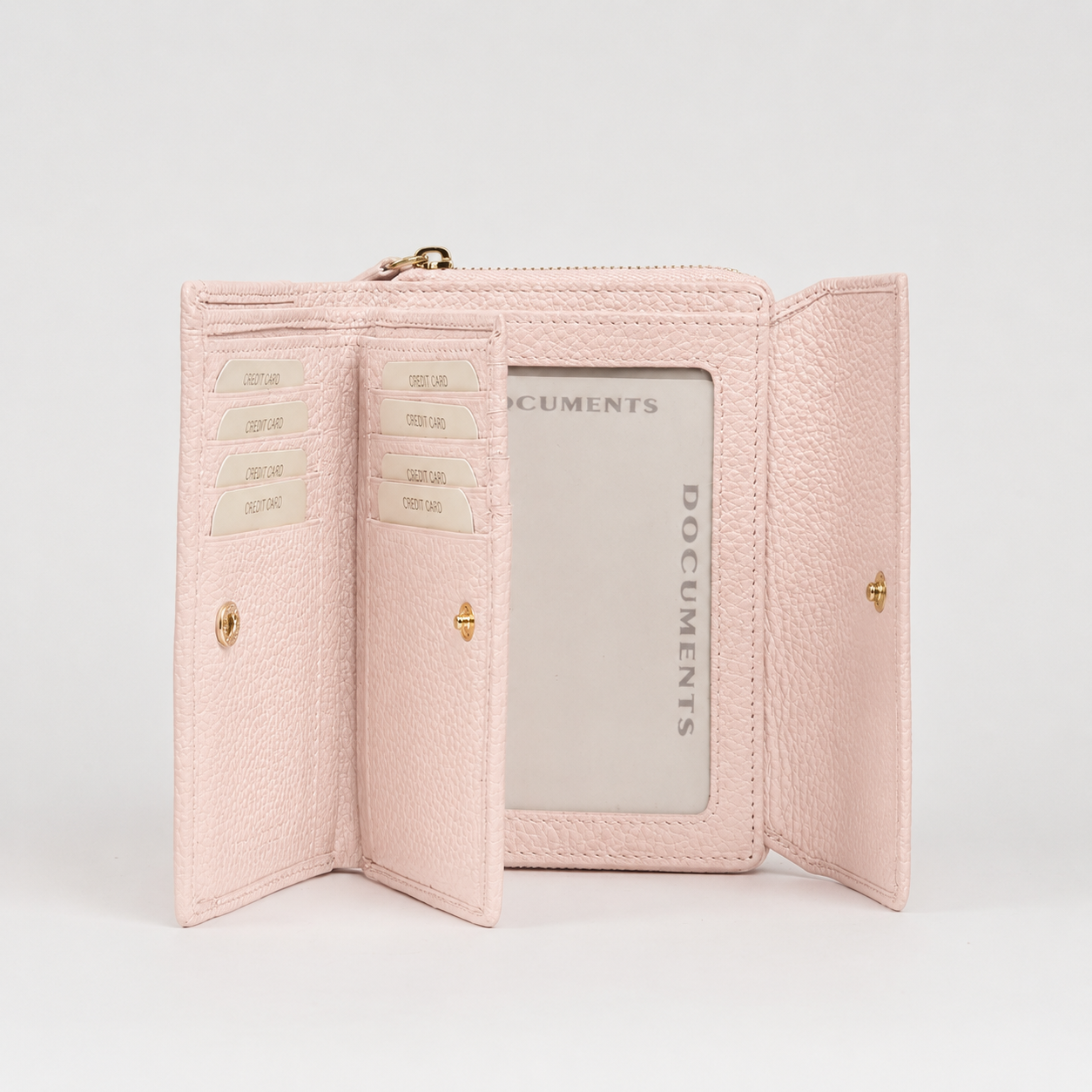 Midi wallet in hammered leather, blush color, handcrafted by Aut Aut Studio – side view