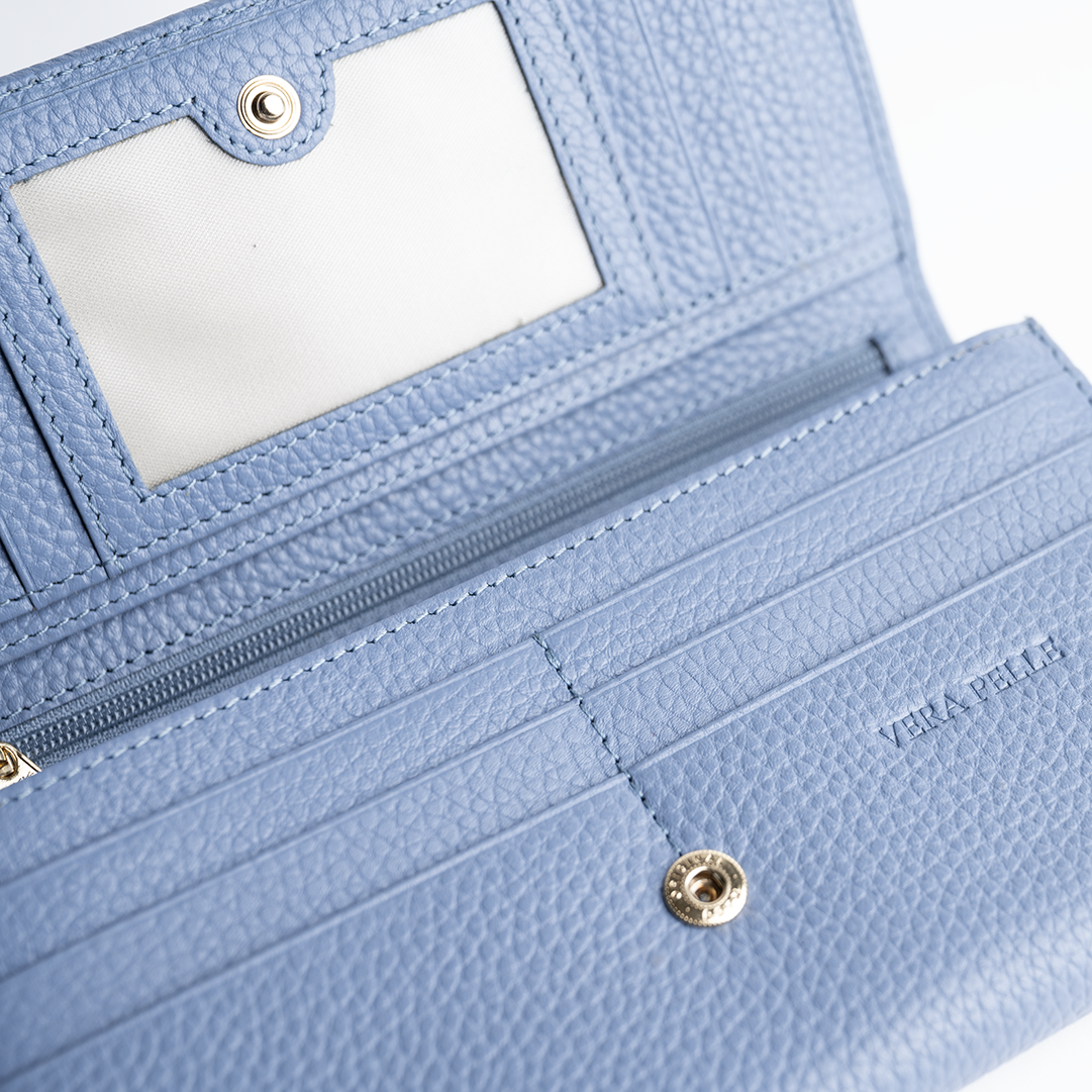 Portafoglio in pelle martellata colore glicine artigianale Aut Aut Studio – vista Interna