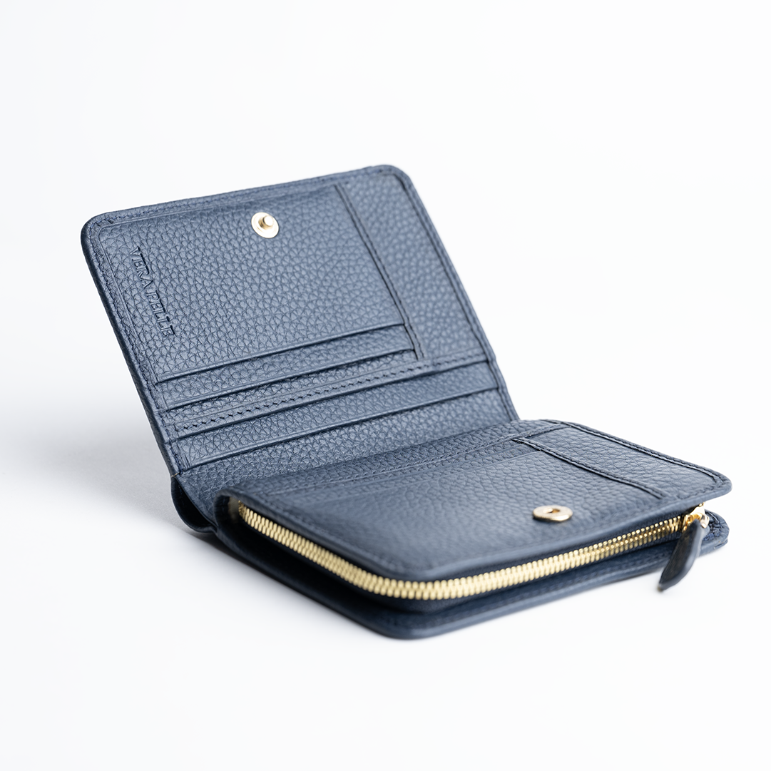 Portafoglio mini in pelle martellata colore blu navy artigianale Aut Aut Studio – vista interna