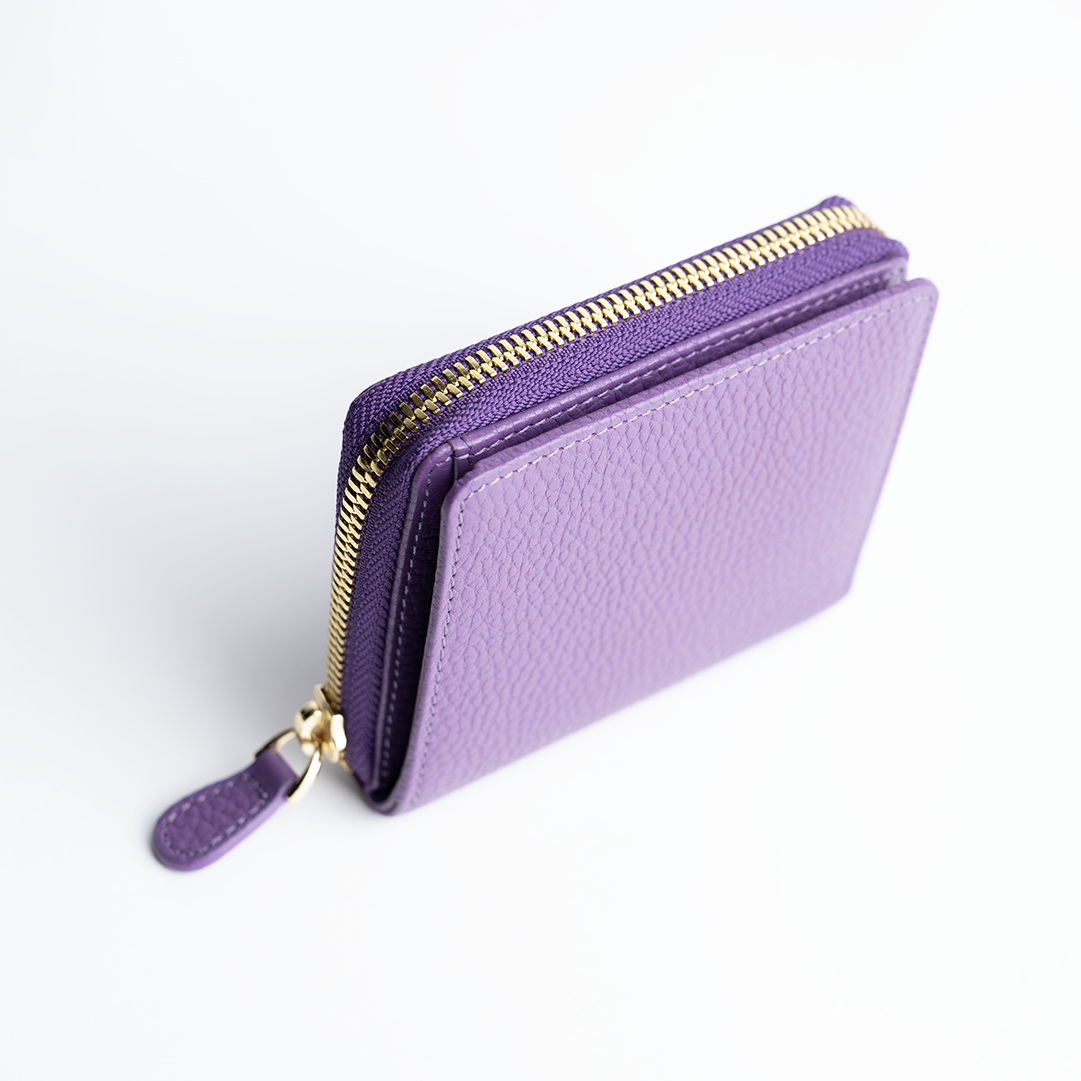 Portafoglio mini in pelle martellata colore viola artigianale Aut Aut Studio – dettaglio zip