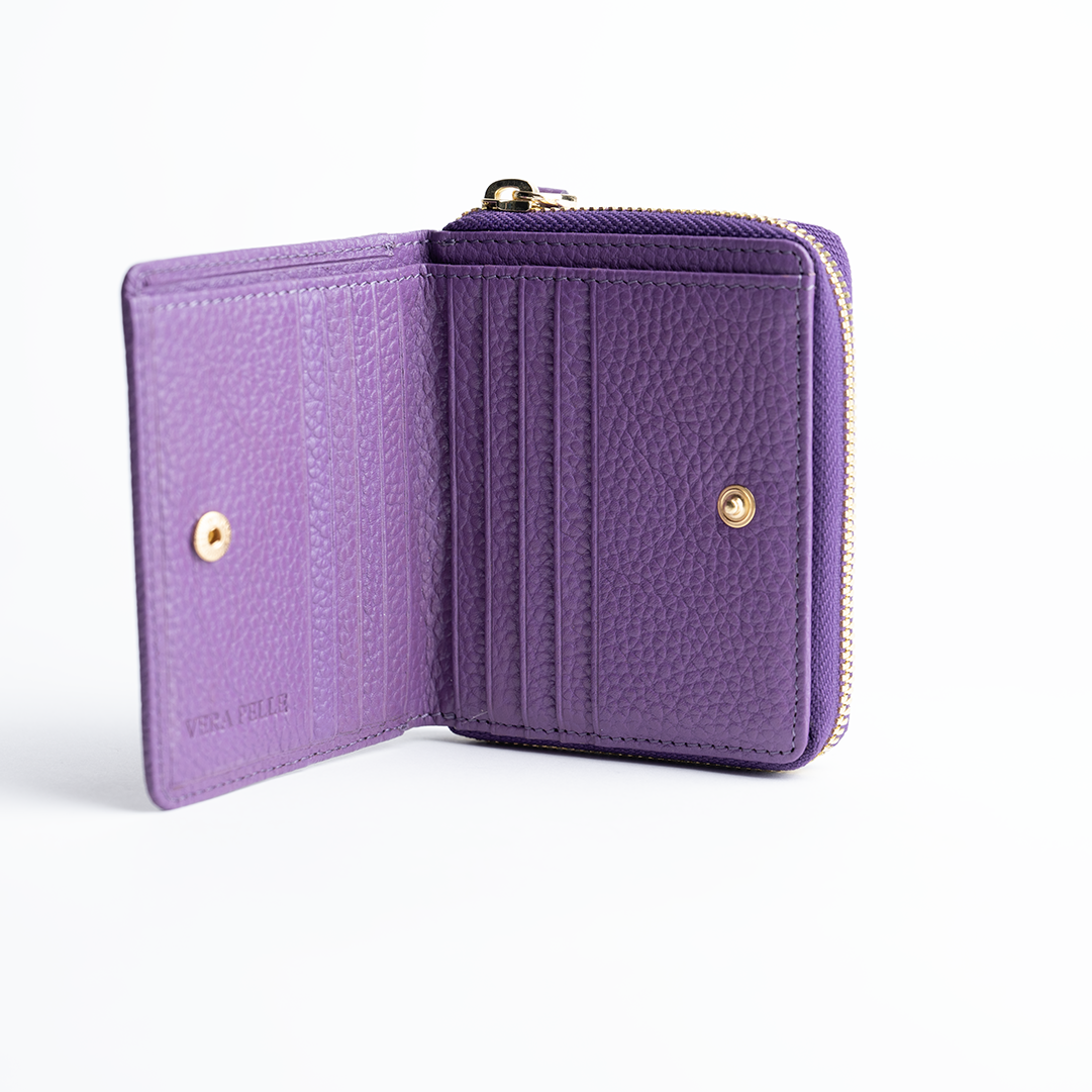 Portafoglio mini in pelle martellata colore viola artigianale Aut Aut Studio – vista interna