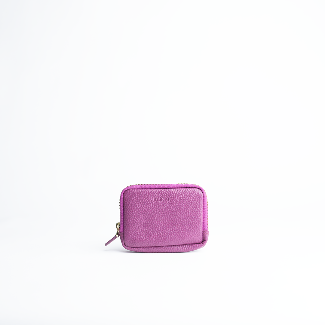 Portafoglio mini purse in pelle martellata colore orchidea artigianale Aut Aut Studio – vista frontale