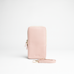 Porta smartphone documenti in pelle martellata colore rosa cipria artigianale Aut Aut Studio – vista frontale 
