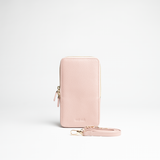 Porta smartphone documenti in pelle martellata colore rosa cipria artigianale Aut Aut Studio – vista frontale 
