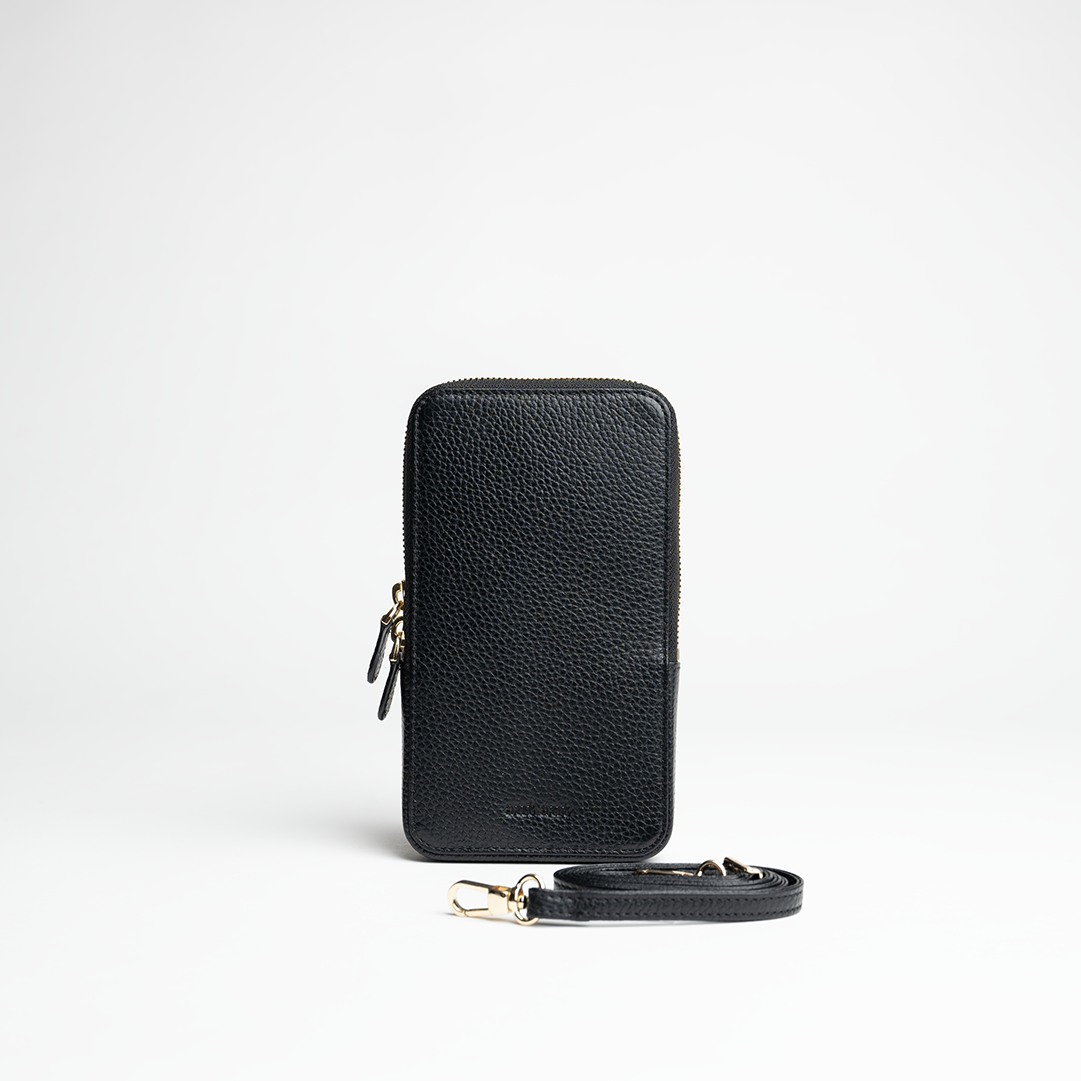 Porta smartphone documenti in pelle martellata colore nero artigianale Aut Aut Studio – vista frontale 