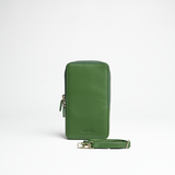 Porta smartphone documenti in pelle martellata colore verde salvia artigianale Aut Aut Studio – vista frontale 