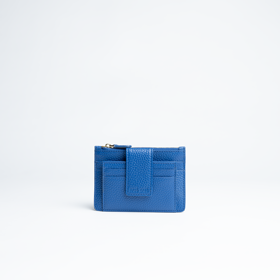 Porta carte mini in pelle martellata colore blu elettrico artigianale Aut Aut Studio – vista frontale