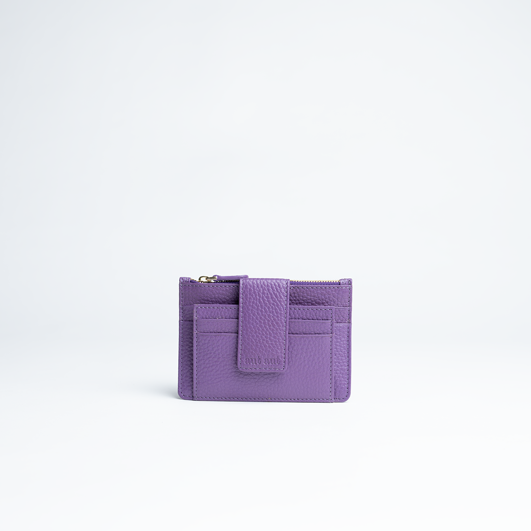 Porta carte mini in pelle martellata colore viola artigianale Aut Aut Studio – vista frontale