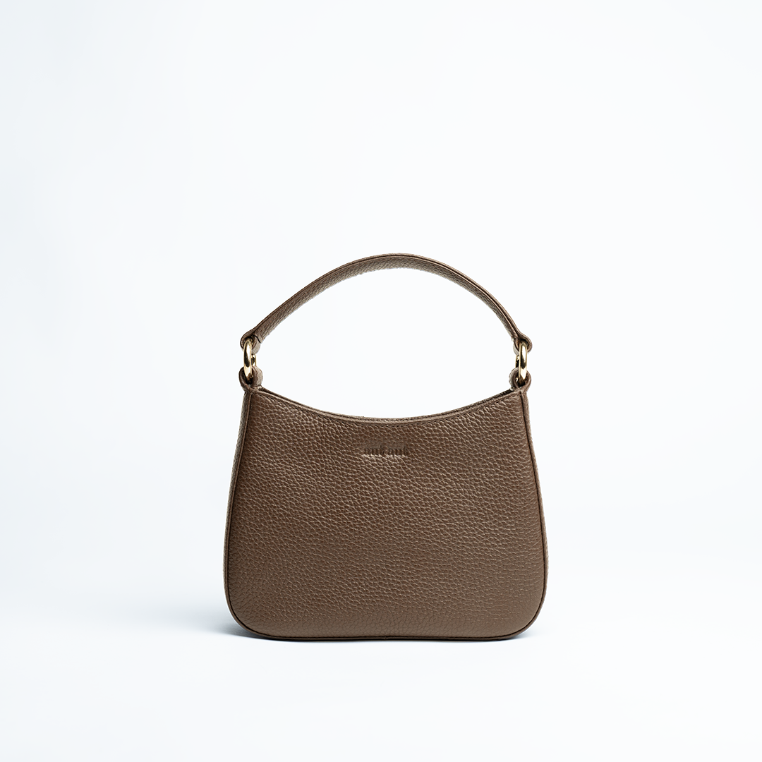 Borsa mini in pelle martellata colore marrone cioccolato salvia artigianale Aut Aut Studio – vista frontale