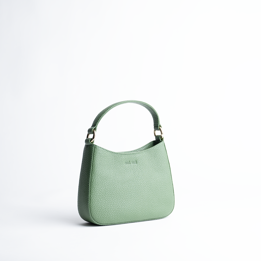 Borsa mini in pelle martellata colore verde salvia artigianale Aut Aut Studio – vista laterale