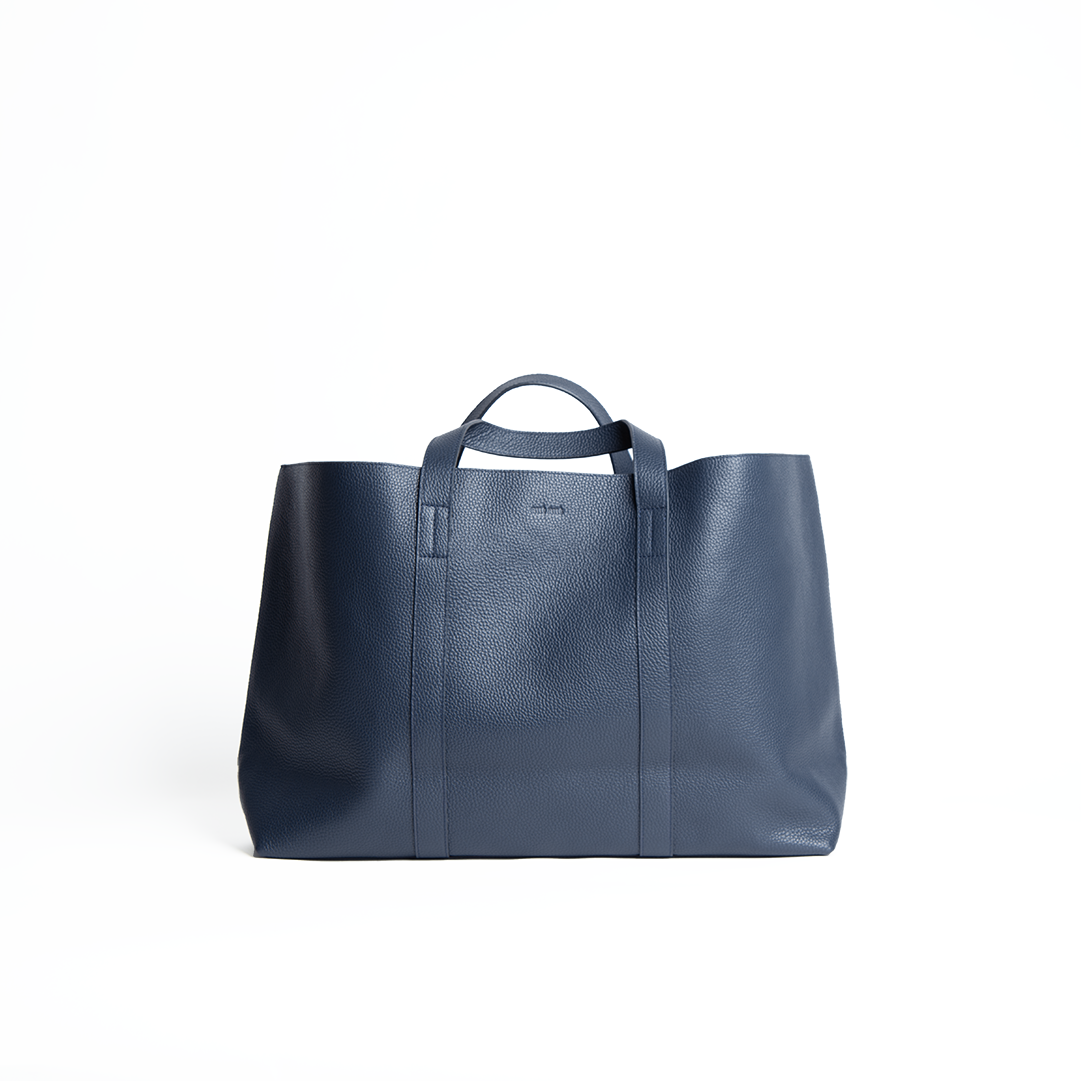 Borsa con doppio manico in pelle martellata colore blu navy artigianale Aut Aut Studio – vista frontale