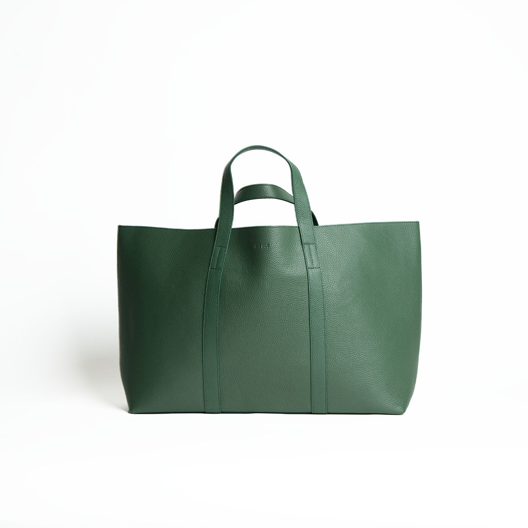 Borsa con doppio manico in pelle martellata colore verde bosco artigianale Aut Aut Studio – vista frontale
