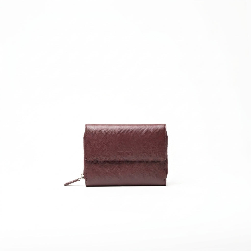 Portafoglio in pelle saffiano colore burgundy artigianale donna protezione RFID Aut Aut Studio – vista frontale