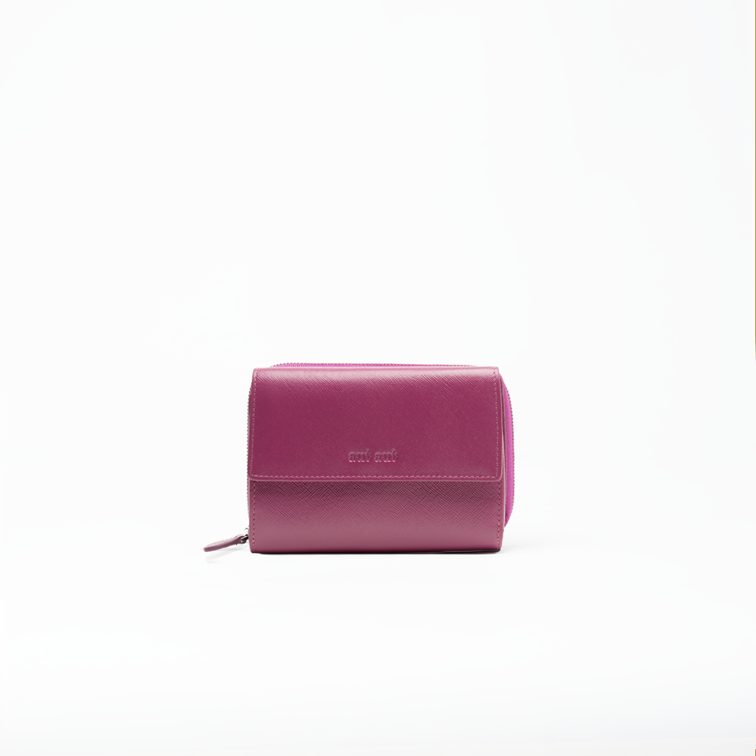 Portafoglio in pelle saffiano colore orchidea artigianale donna protezione RFID Aut Aut Studio – vista frontale