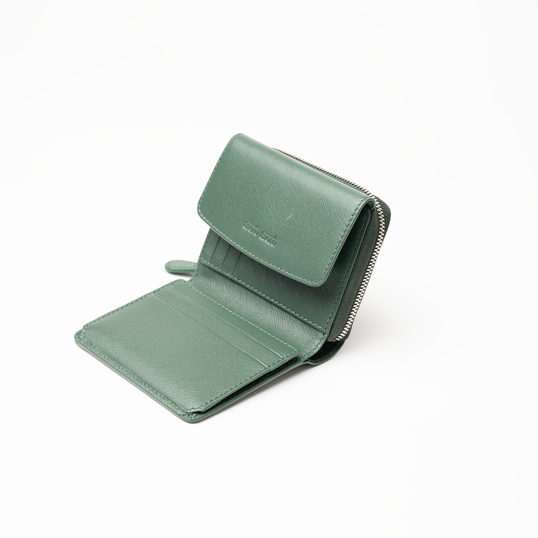 Portafoglio in pelle saffiano colore verde bosco artigianale donna protezione RFID Aut Aut Studio – vista interna
