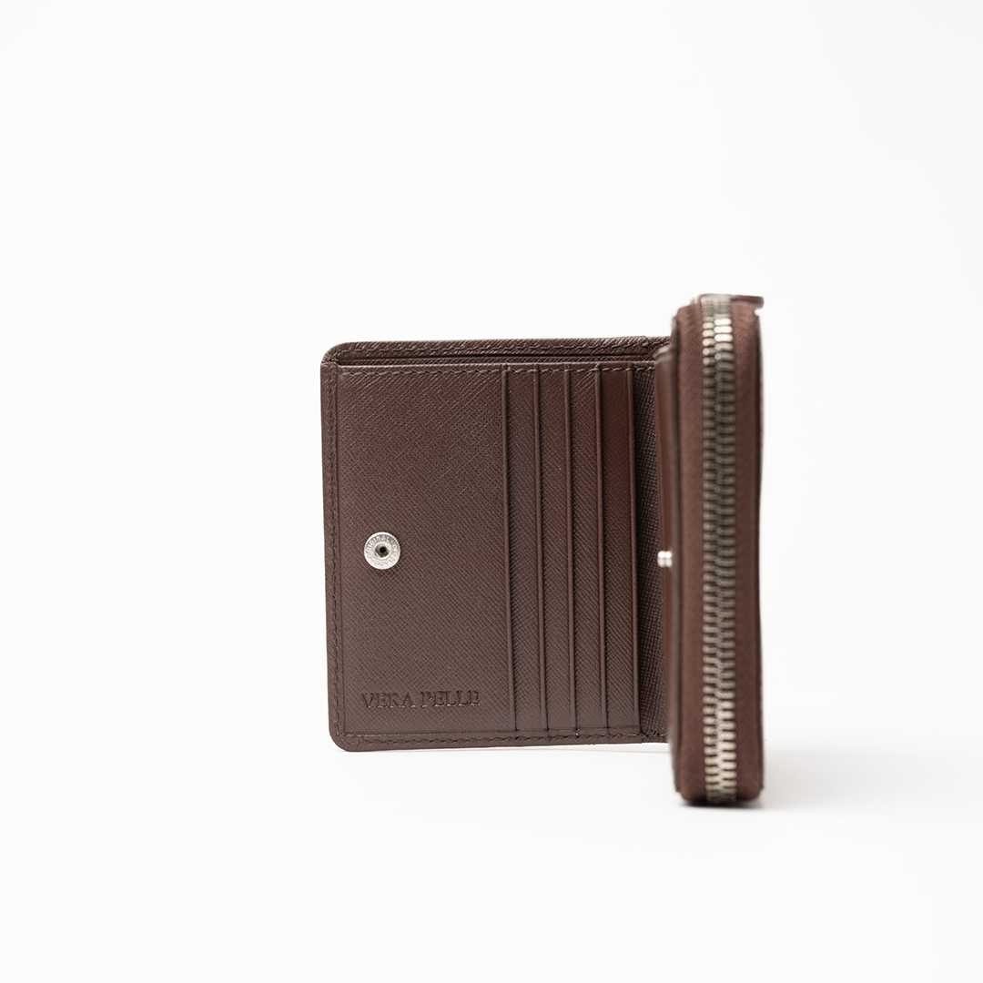 Portafoglio in pelle saffiano colore marrone cioccolato artigianale donna protezione RFID Aut Aut Studio – vista interna