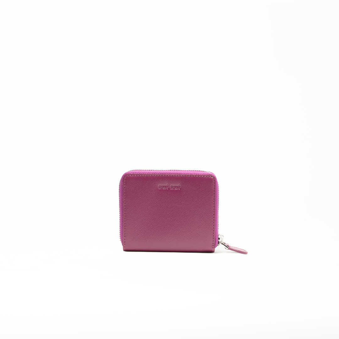 Portafoglio mini in pelle saffiano colore rosa orchidea artigianale donna protezione RFID Aut Aut Studio – vista frontale