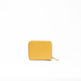 Portafoglio mini in pelle saffiano colore giallo senape artigianale donna protezione RFID Aut Aut Studio – vista frontale
