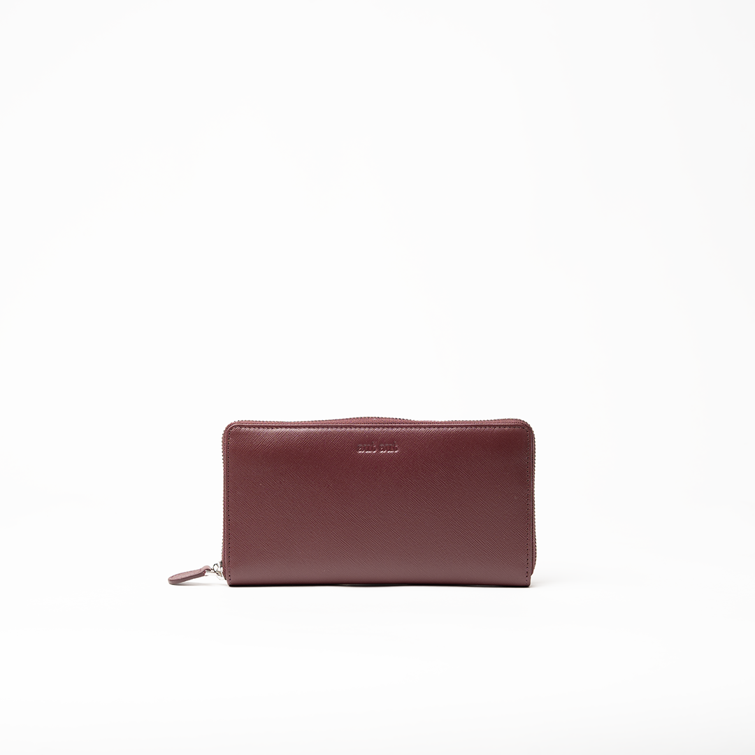 Portafoglio in pelle saffiano colore Burgundy artigianale donna protezione RFID Aut Aut Studio – vista frontale