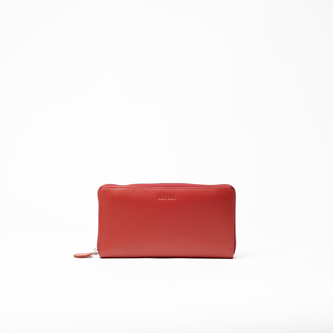 Portafoglio in pelle saffiano colore rosso artigianale donna protezione RFID Aut Aut Studio – vista frontale