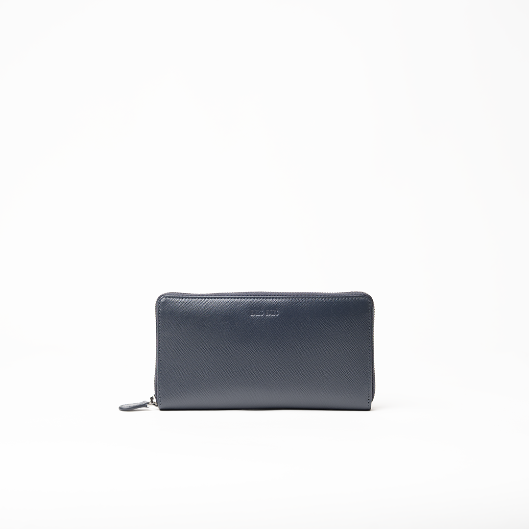 Portafoglio in pelle saffiano colore blu navy artigianale donna protezione RFID Aut Aut Studio – vista frontale