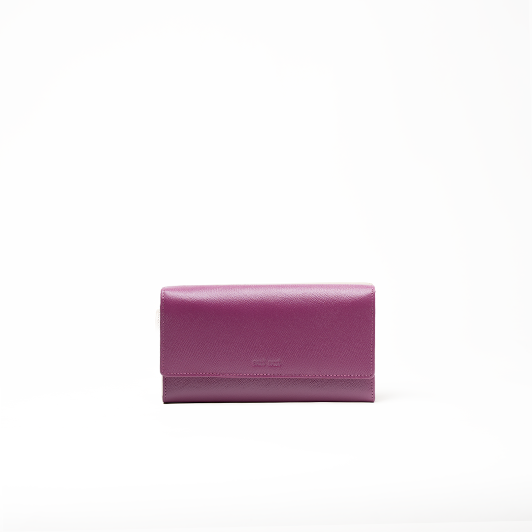 Portafoglio in pelle saffiano colore rosa orchidea artigianale donna protezione RFID Aut Aut Studio – vista frontale