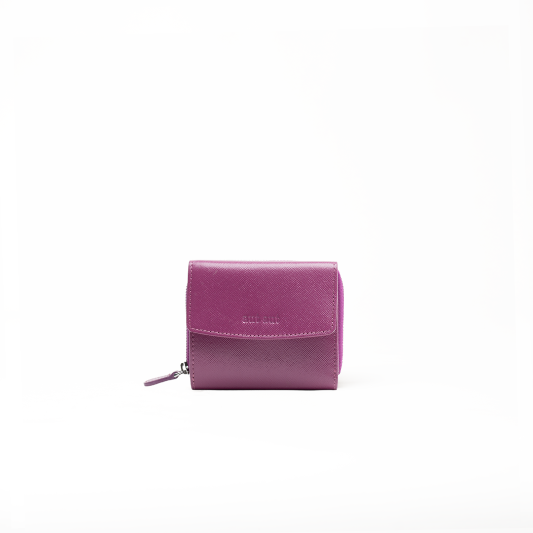 Portafoglio in pelle saffiano colore rosa orchidea artigianale donna protezione RFID Aut Aut Studio – vista frontale