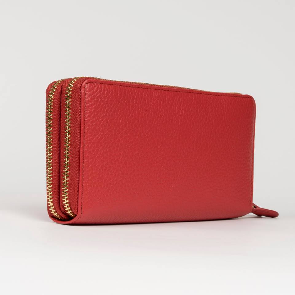 Portafoglio maxi 2-zip around in pelle martellata colore rosso artigianale Aut Aut Studio – vista laterale